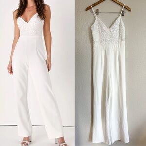 Memorable Occasion White Beaded Sequin Wide-Leg Jumpsuit